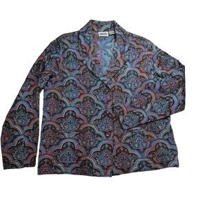 Chicos Design Tapestry Blazer Womens 2 Large Teal Purple Jacquard Boho Jacket